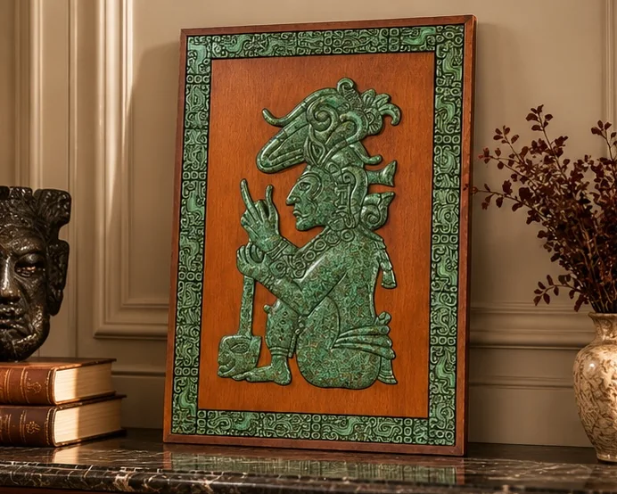 Bas-relief mésoaméricain en malachite – Profil de dignitaire
