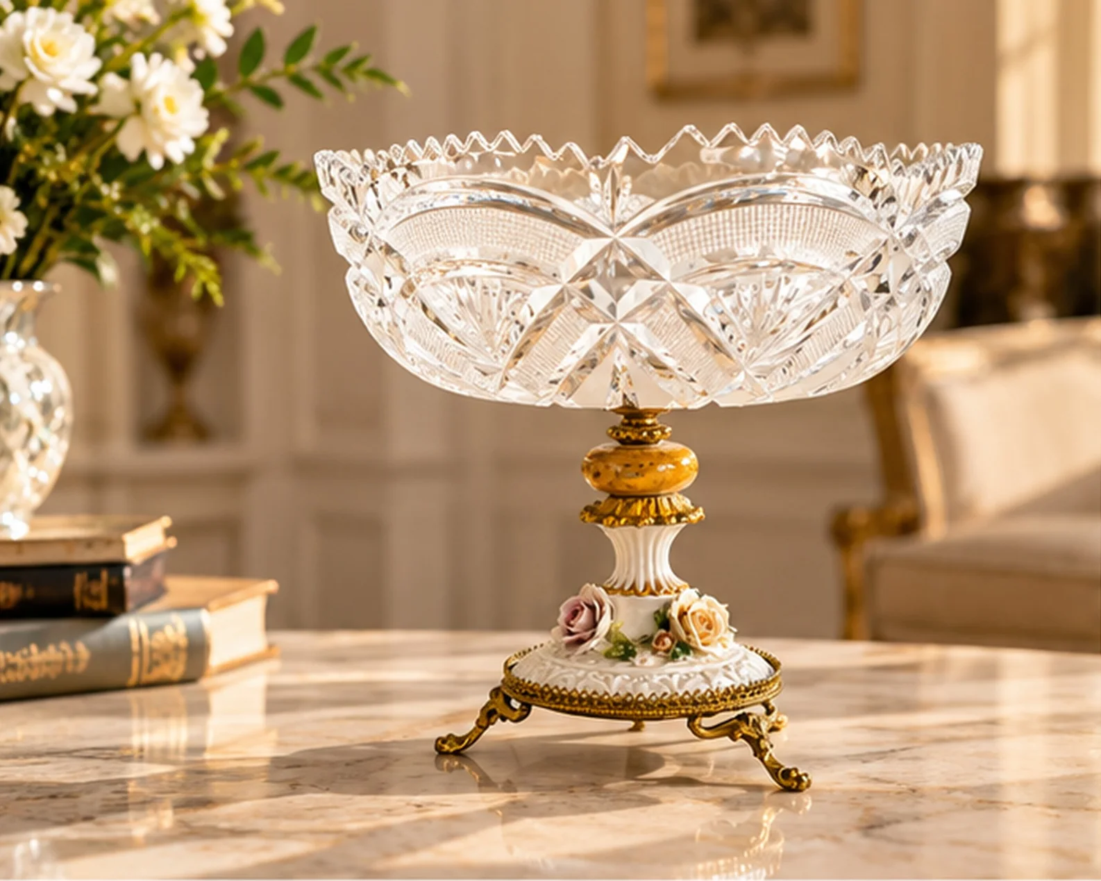 Coupe en cristal taillé et porcelaine décorée