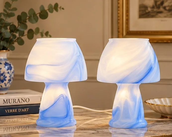 Paire de lampes champignon en verre – Bleu & blanc Murano