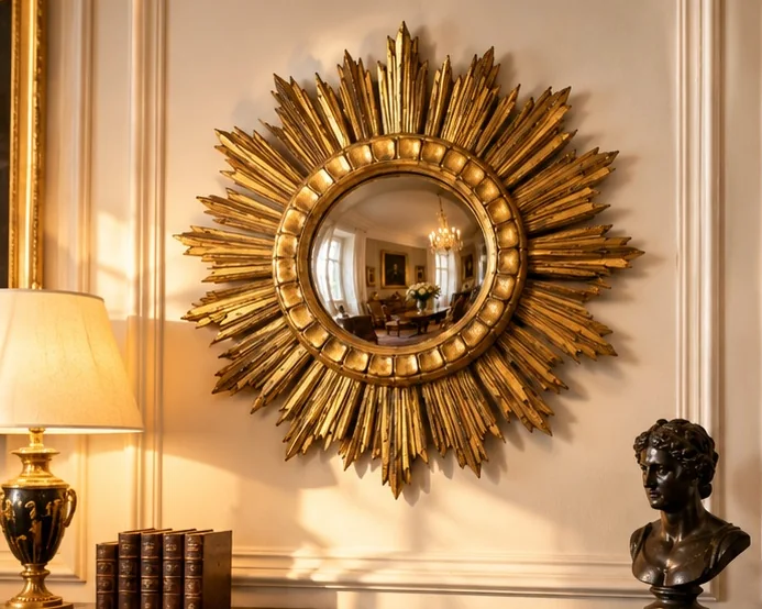 Miroir Soleil à miroir bombé – Bois doré