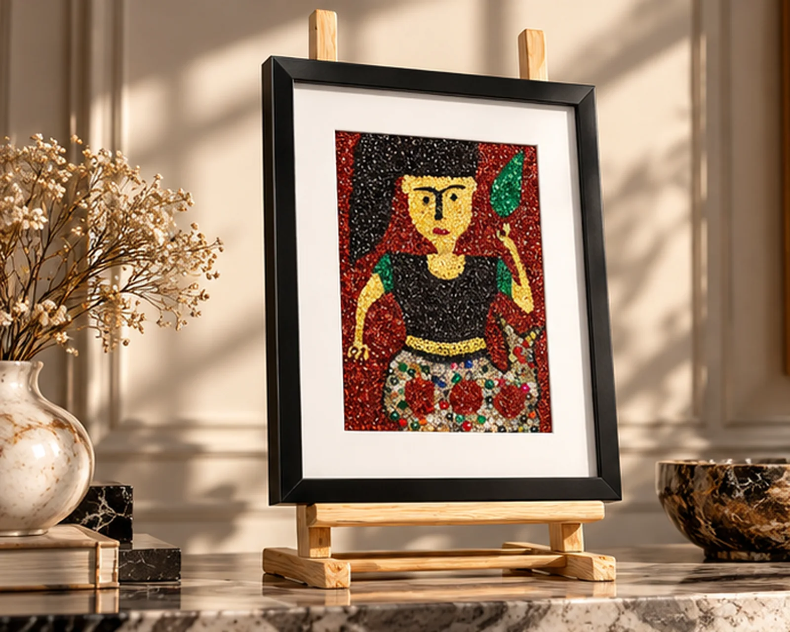 Drapeau vaudou perlé – Figure rituelle encadrée