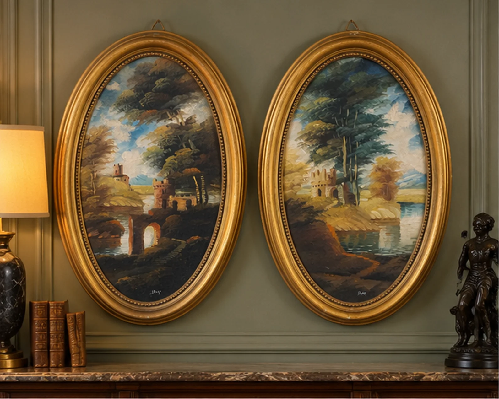 Paire de paysages italiens en médaillon, cadres dorés